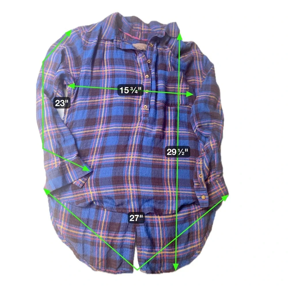Anthropologie Pilcro Blue Plaid Tunic Shirt Women's Size S Long Sleeve Button Up
